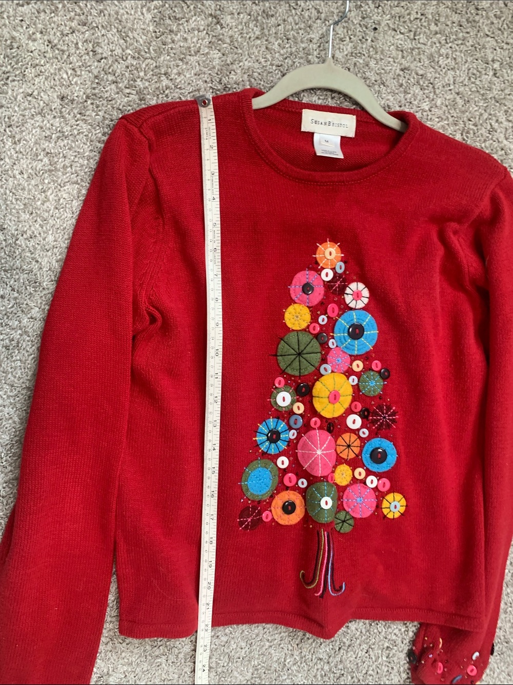 Vintage Susan Bristol Red Crewneck Grandma Sweater with Embroidered Button Tree - Picture 6 of 7